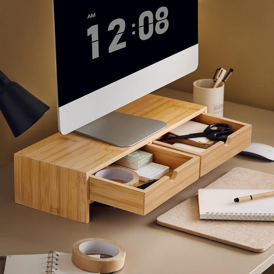 Bamboo Multifunction Monitor Stand Desktop Organizer Computer Laptop Riser