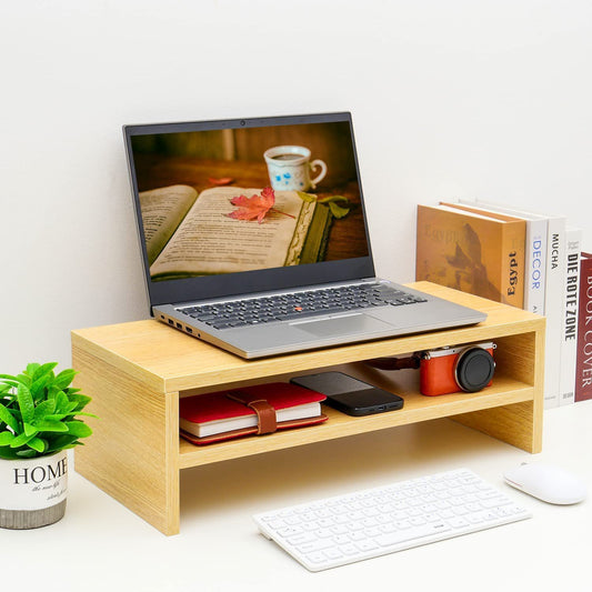 2 Tier Monitor Stand Riser Wood Desk Organizer Stand Whitewashed