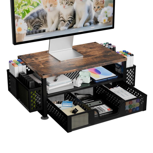2 Tier Monitor Stand Riser Metal Wood Computer Desk
